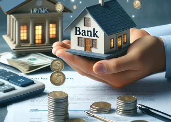 Business executive discussing financial strategies with colleagues, growth charts seen in the background.