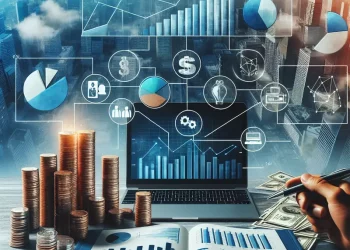 Individuals in an office working together on financial planning, represented through charts and technology.
