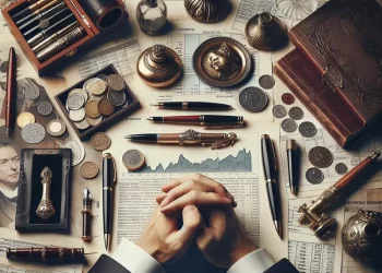 An investor with a diversified portfolio and Warren Buffett's book, reflecting a strategic approach to long-term investments.