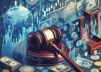 Composite image with stock charts, currency symbols, and global trade elements influencing Vietnam's market.