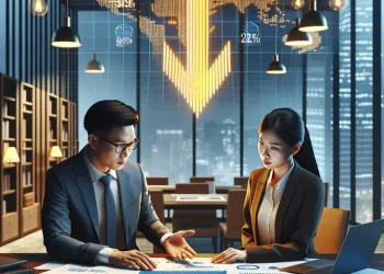 Panoramic view of Vietnamese skyline with economic growth symbols.