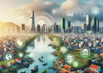 VND/USD exchange rate graph with trade symbols indicating global economic interactions.