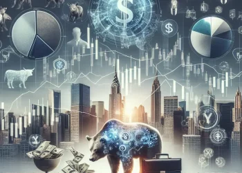 Không gian làm việc kinh doanh phủ đầy các biểu đồ xác suất, máy tính và dữ liệu tài chính, thể hiện tư duy xác suất trong lĩnh vực tài chính.