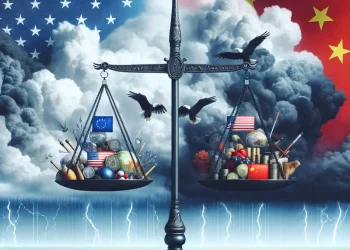 Flags of the US and China separated by a crack symbolizing trade tensions.