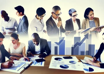 Business professionals analyzing growth charts, symbolizing business credit as a growth catalyst.