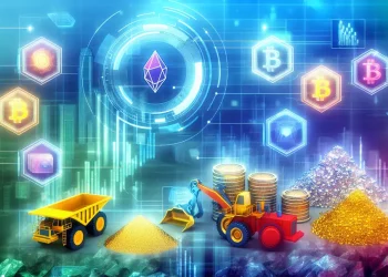 A depiction of digital and tangible assets used as collateral, set against a dynamic financial scenario.