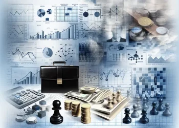 A collage depicting trading, investing, and business symbols interlinked with game theory concepts.