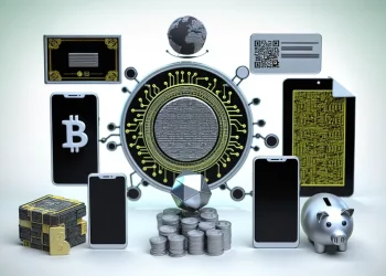 Thiết bị công nghệ xung quanh hình ảnh 3D về blockchain và các yếu tố fintech khác.