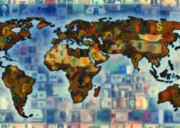 Map transformed into currencies illustrating international currency war consequences.