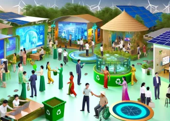 Overview of Vietnamese SME community engaged in financial growth with sustainability symbols.